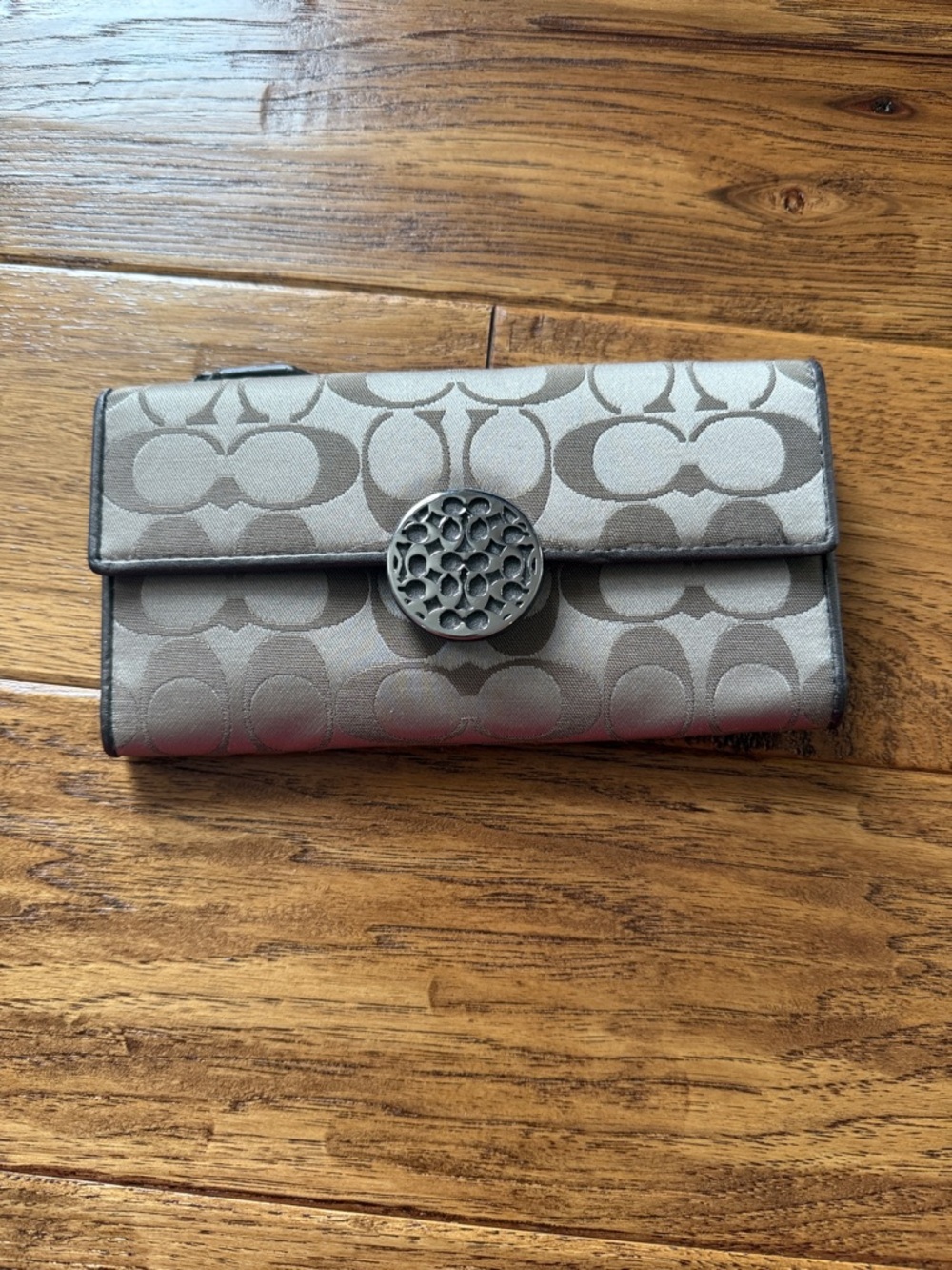 Coach Metallic Gray Signature Fold Wallet with Decorative Snap